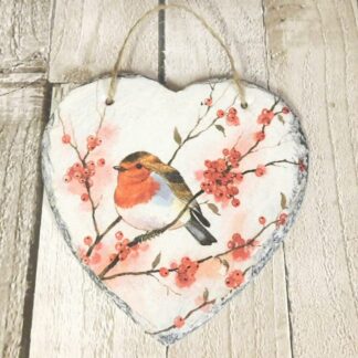 Robin and Berries Hanging Slate Heart Plaque