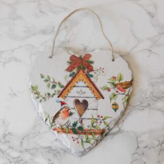 Robins in Birdhouse Wall Hanging Slate Heart Plaque
