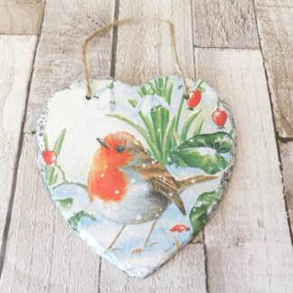 Robin and Snowdrops Slate Heart Hanging Plaque,