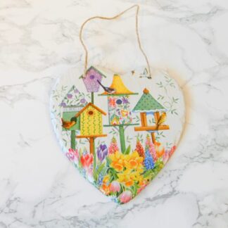 Spring Flowers and Bird Houses Hanging Slate Heart Plaque