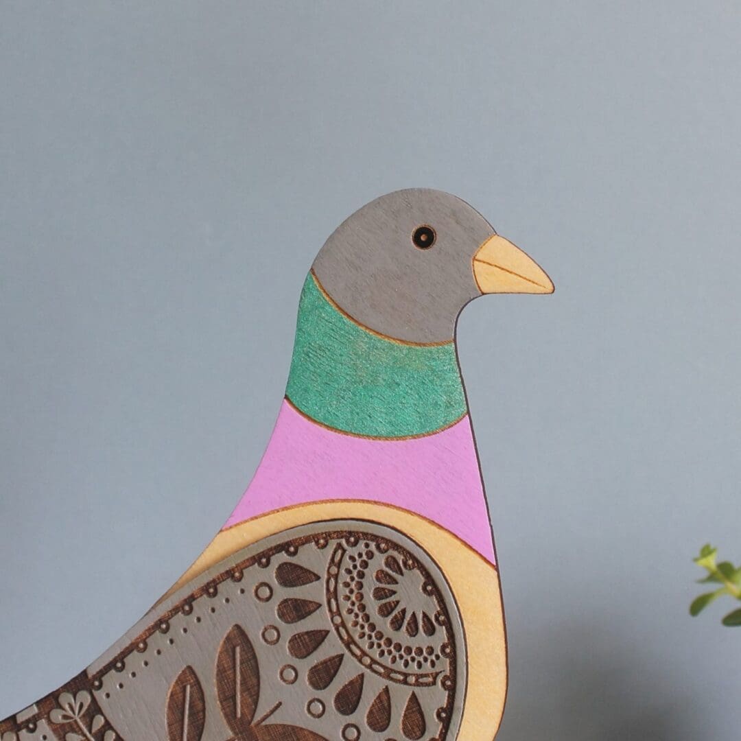Standing Wooden Pigeon Decoration Ornament - Etched and Hand Painted - Image 2