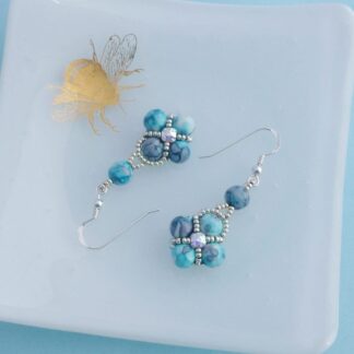 Turquoise and Grey Beaded Quatrefoil Dangle Earrings