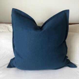 dark blue linen pillow cover, with Oxford edging in French linen