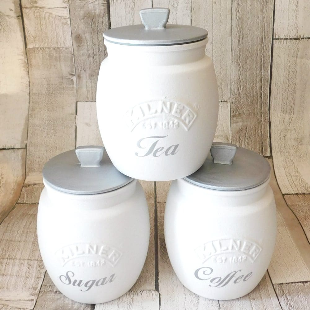 White Kitchen Canisters, Tea Coffee Sugar Jars Silver or White Lid