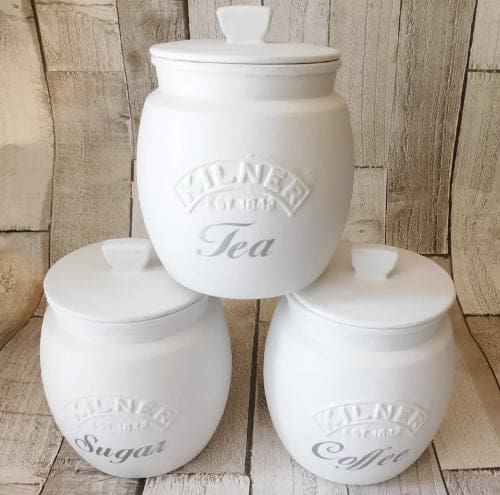 White Kitchen Canisters, Tea Coffee Sugar Jars Silver or White Lid - Image 2