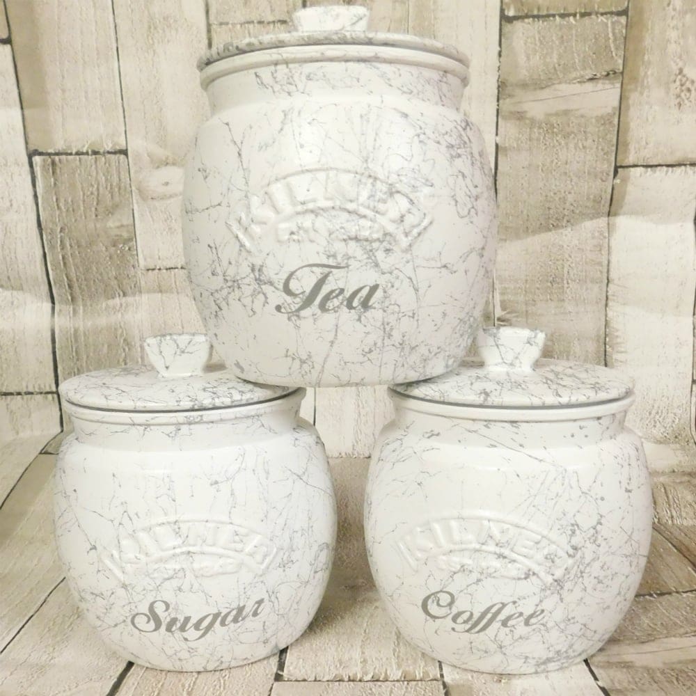 White Marble Kitchen Canisters, Tea Coffee Sugar Jars