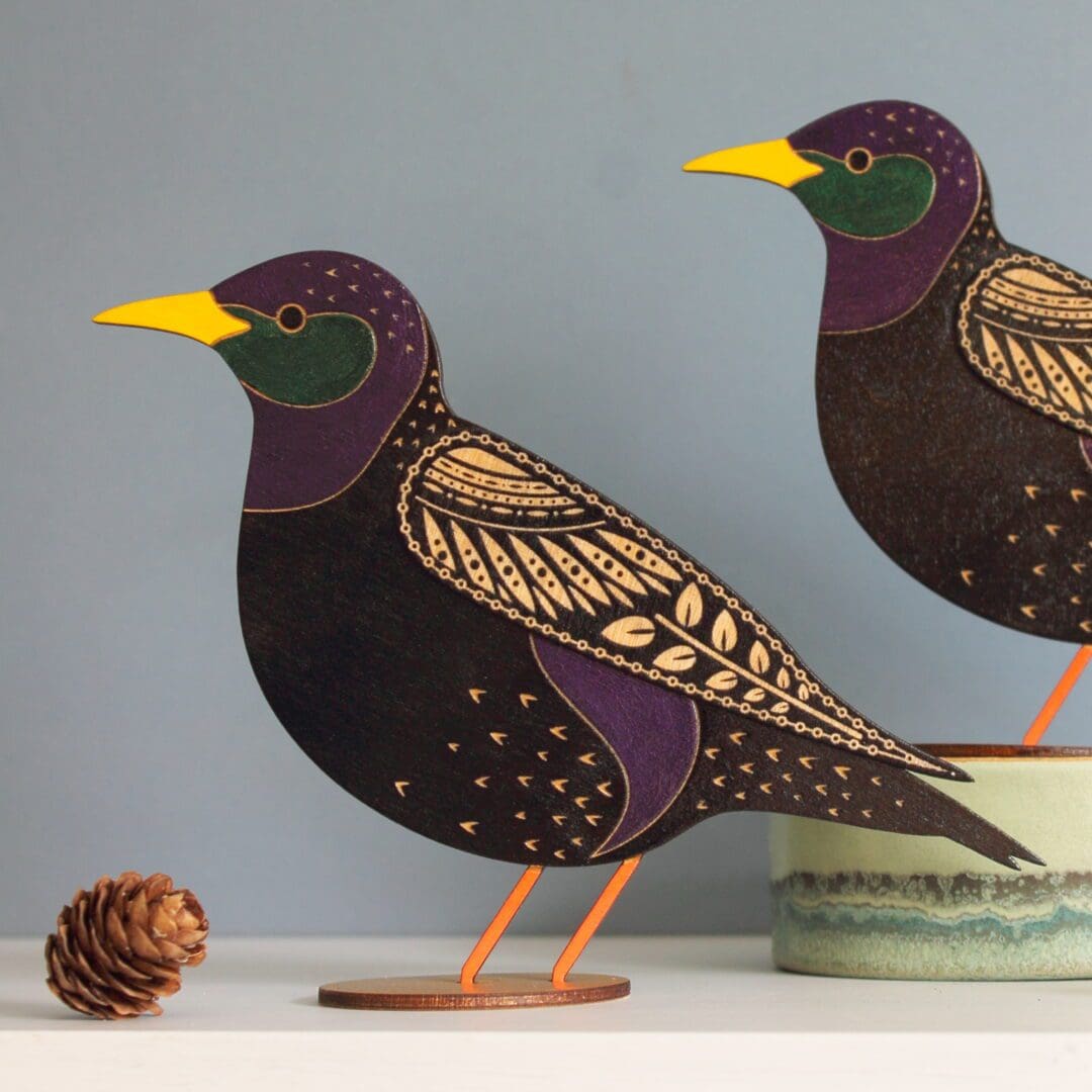 Standing Wooden Starling Decoration - Etched and Hand Painted - Image 2