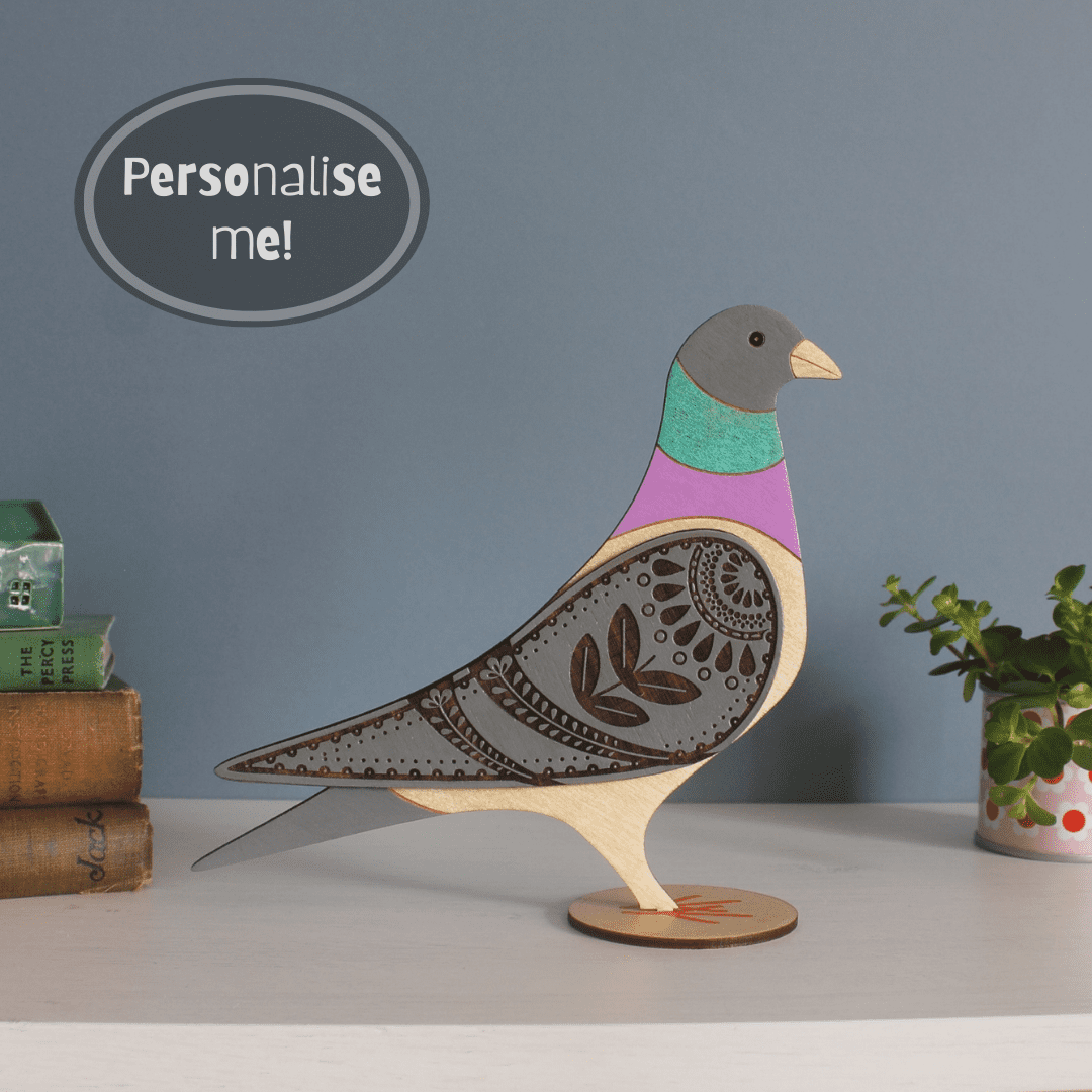 Standing Wooden Pigeon Decoration Ornament - Etched and Hand Painted