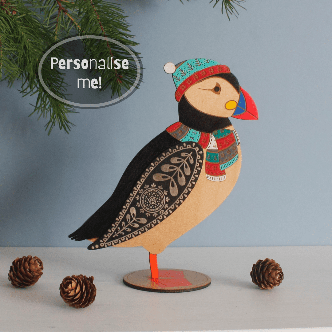 Standing Wooden Puffin or Festive Puffin Decoration - Etched and Hand Painted - Image 6