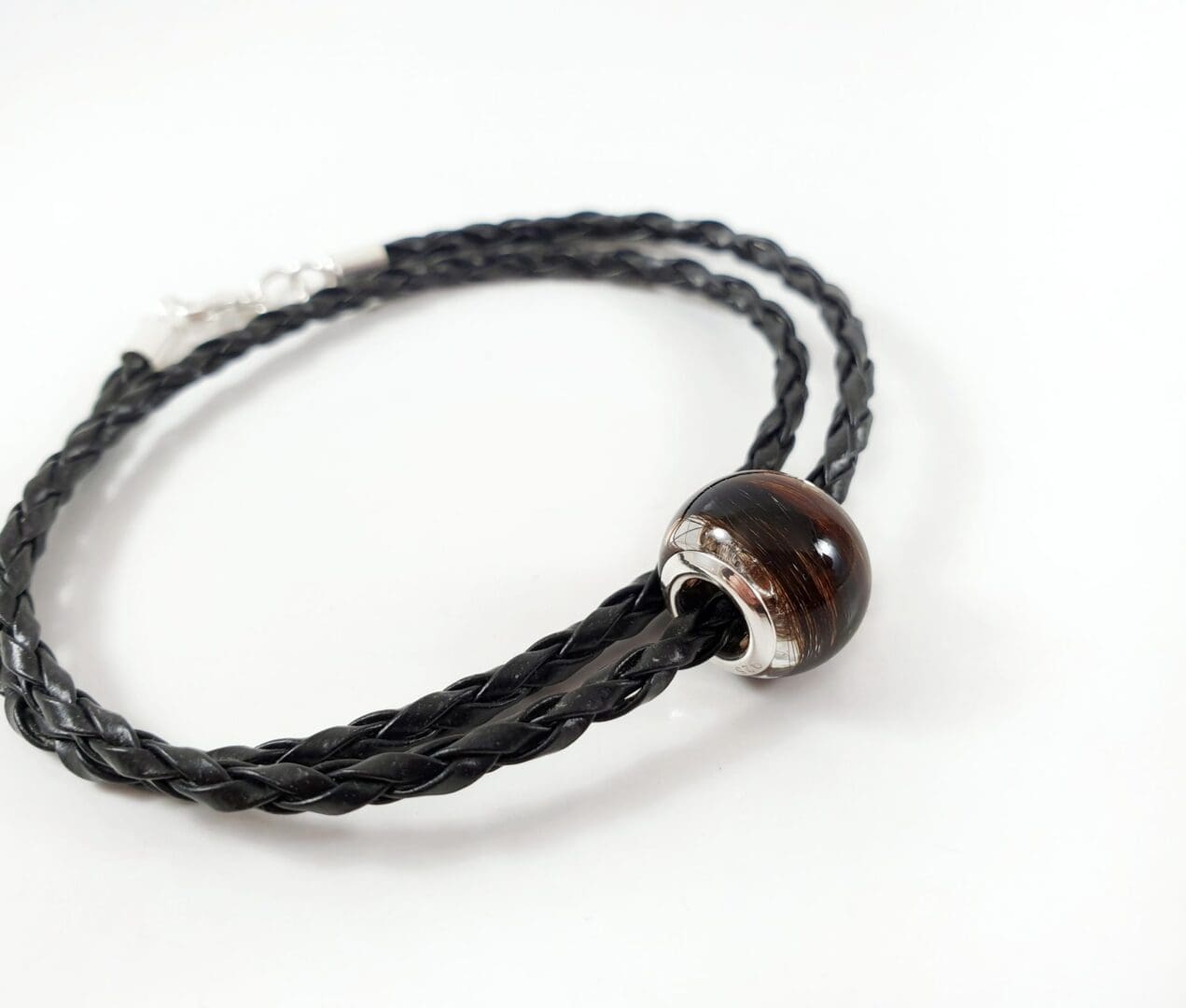 Leather Memorial Bracelet for Men - Hair Keepsake European Bead - Lock of Hair Charm