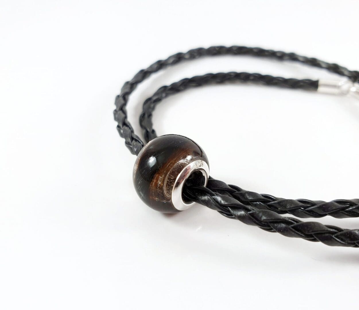 Leather Memorial Bracelet for Men - Hair Keepsake European Bead - Lock of Hair Charm - Image 2