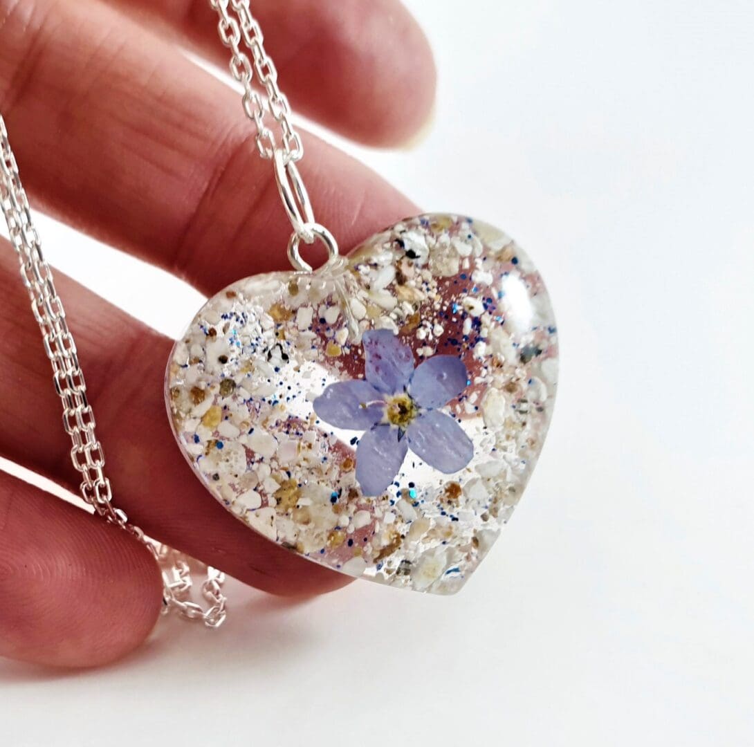 Memorial Ashes Necklace - Custom Cremation Jewellery - Heart Pendant with Forget Me Not