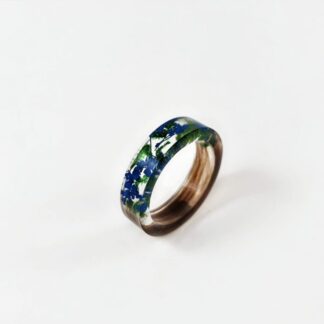 Lock of Hair Keepsake Ring with Blue Flowers and Moss - Horse Hair Ring - Pet Fur Jewellery
