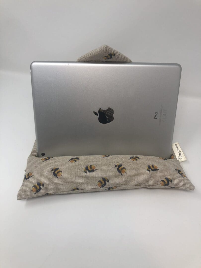 Bumble Bee Fabric IPad Beanbag, Fabric Tablet Stand featuring mustard yellow Bees - Image 4