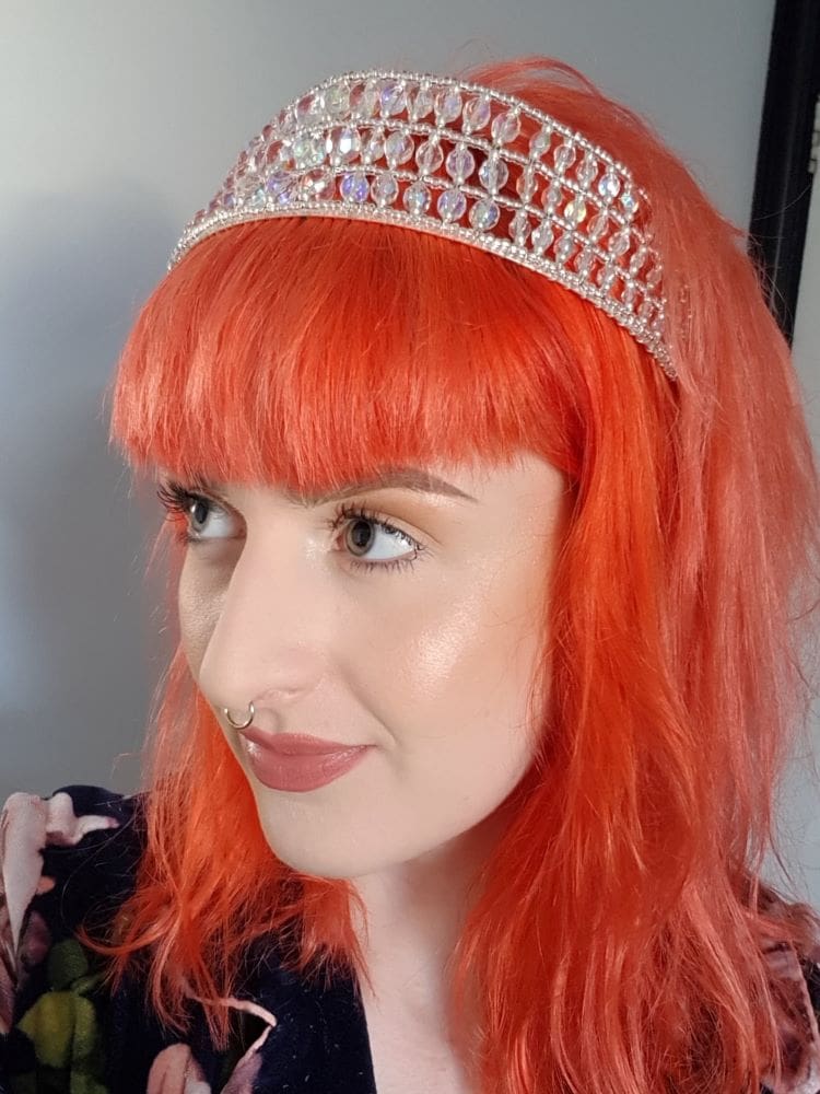 silver and crystal tiara hair down