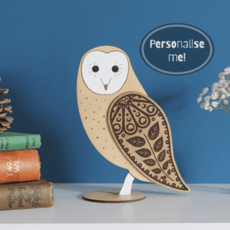 Standing Wooden Barn Owl Decoration Ornament - Etched and Hand Painted