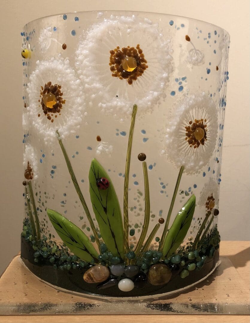 Dandelion wishes fused glass curve with little seed heads floating around - Image 3