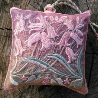 All pink on pink embroidery of BLUEBELL flowers on a lavender bag with beaded hanging loop or tie.