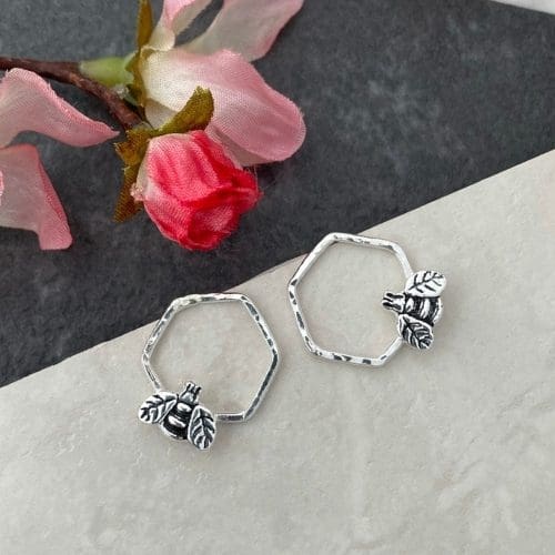 Bee Honeycomb Silver Stud Earrings