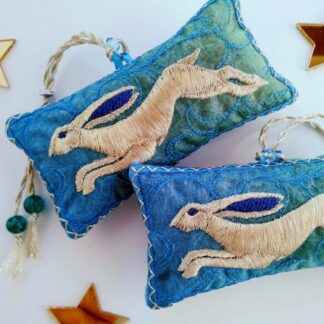 Golden HARE summer blues and green colours, embroidered lavender pouch with beaded hanging loop