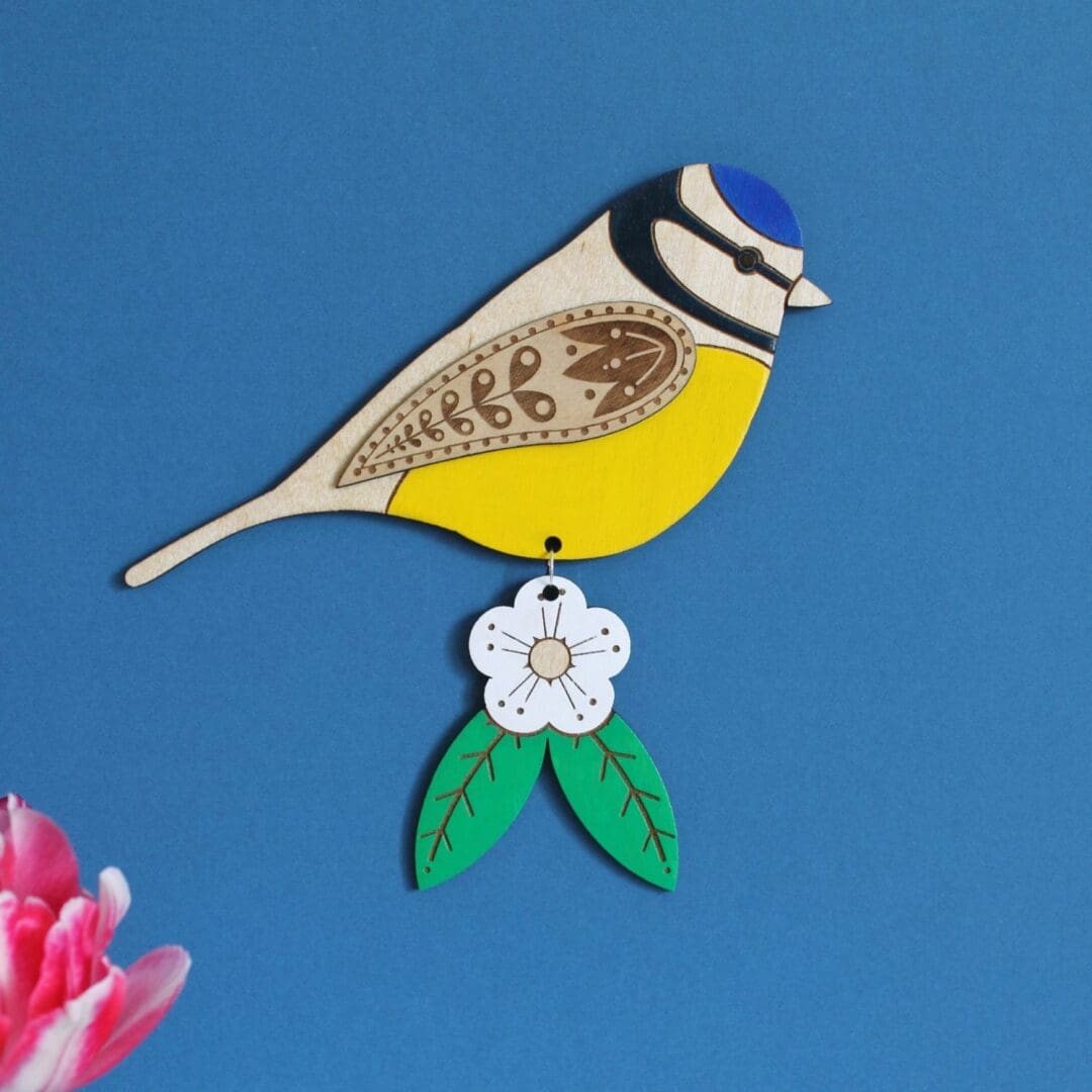 Large Blue Tit Wooden Wall Hanging with Hawthorn Flower - Hand Painted - Image 2