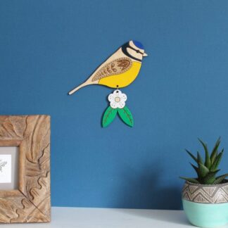 Large Blue Tit Wooden Wall Hanging with Hawthorn Flower - Hand Painted