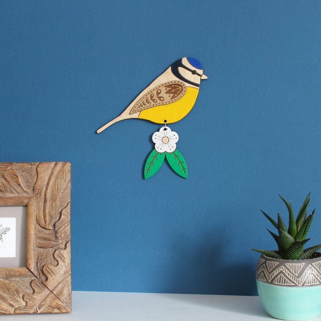 Large Blue Tit Wooden Wall Hanging with Hawthorn Flower - Hand Painted
