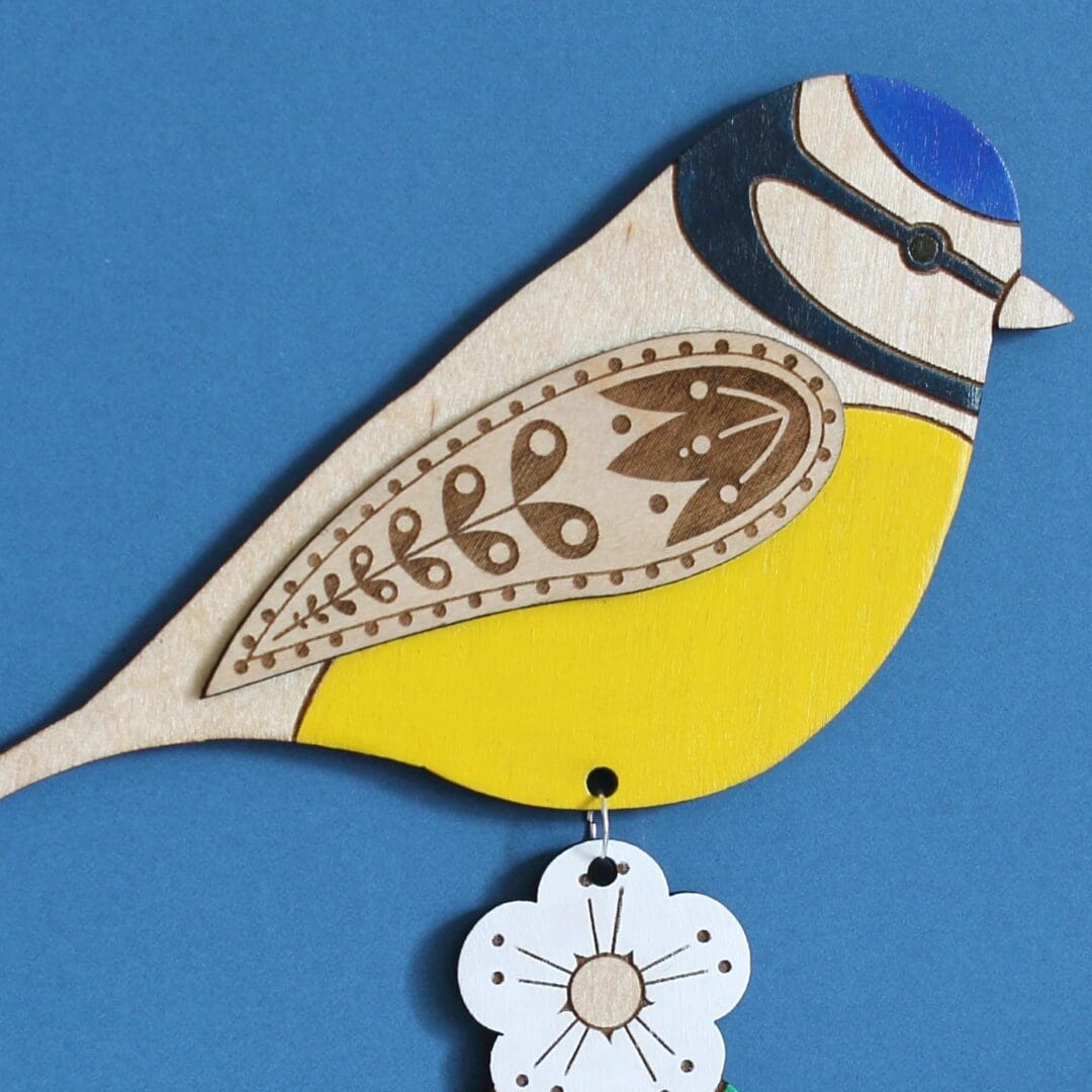 Large Blue Tit Wooden Wall Hanging with Hawthorn Flower - Hand Painted - Image 3