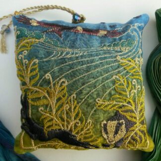 Red Kite, Hare and Badger feature on this CHILTERN design for this embroidered lavender bag, in spring green and gold.