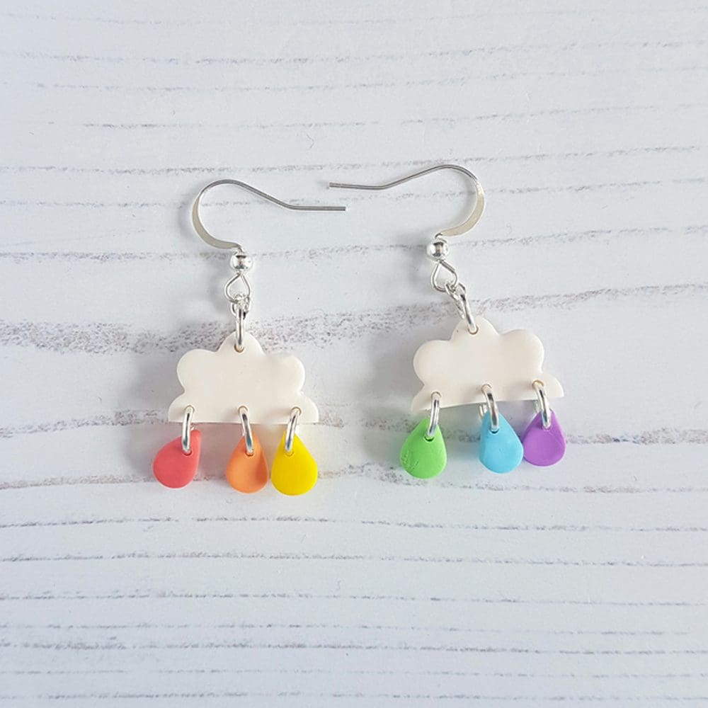 Clouds with rainbow rain drops drop earrings - Image 7