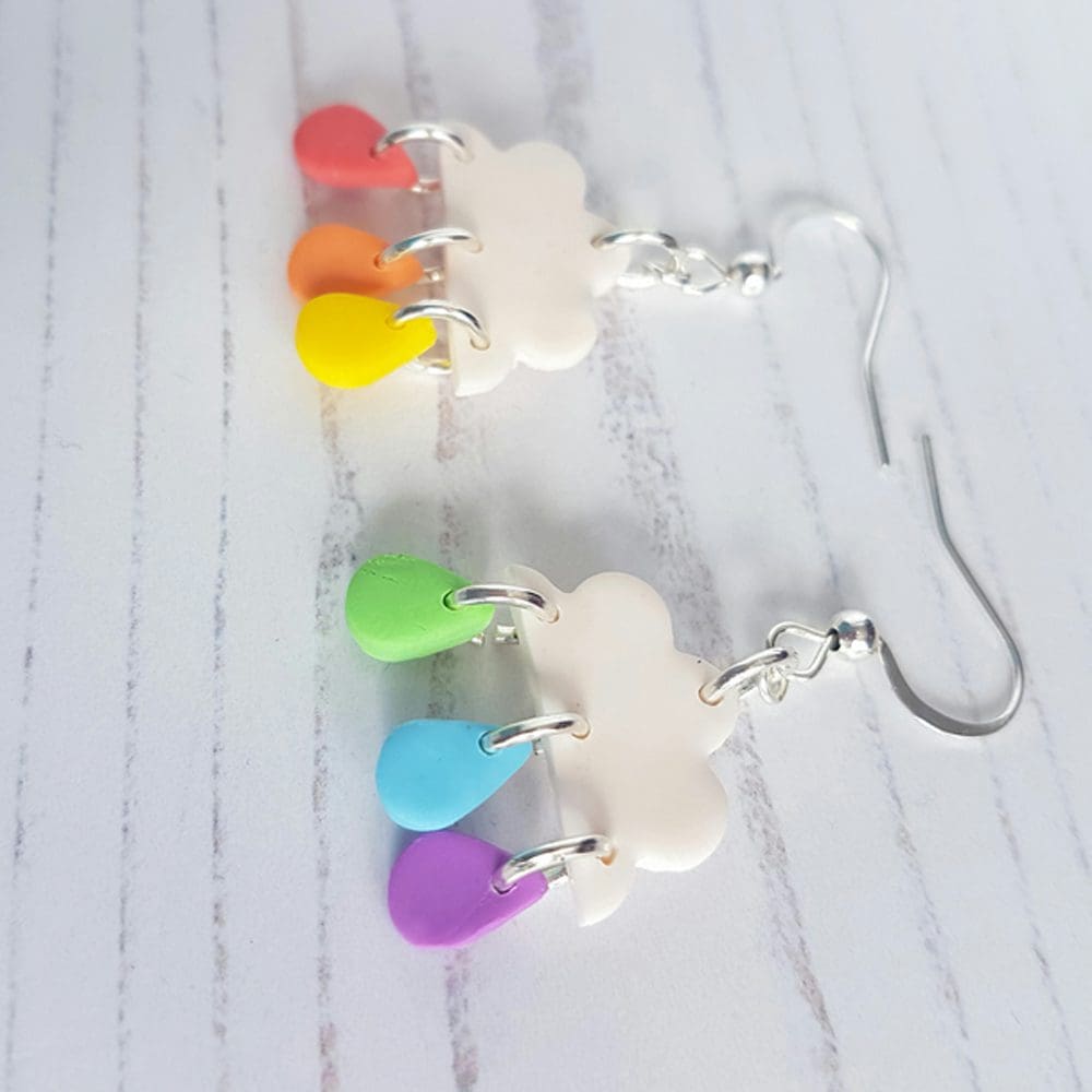 Clouds with rainbow rain drops drop earrings - Image 8