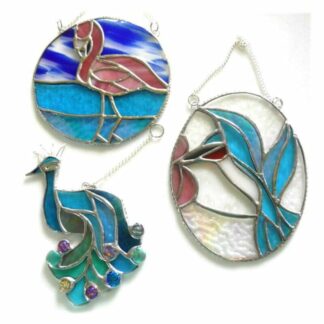 exotic bird stained glass suncatcher flamingo kingfisher peacock