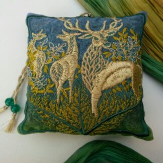 Spring green colours FOREST HART, embroidered lavender bag with wild stag and hinds