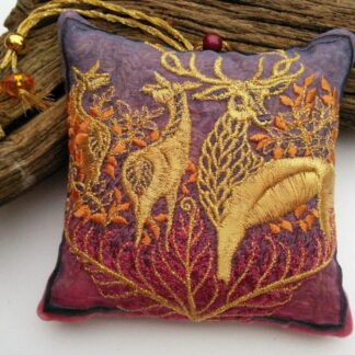 Golden FOREST HART, embroidered lavender bag with wild stag and hinds, in Autumn russet colours
