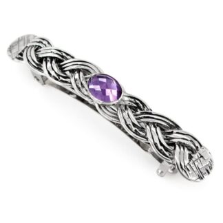 Medium Sterling Silver Woven Hair Barrette Clip with Oval Faceted Amethyst