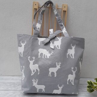 Large- tote- white-stags-on-grey-background-reversible-to-grey stripes