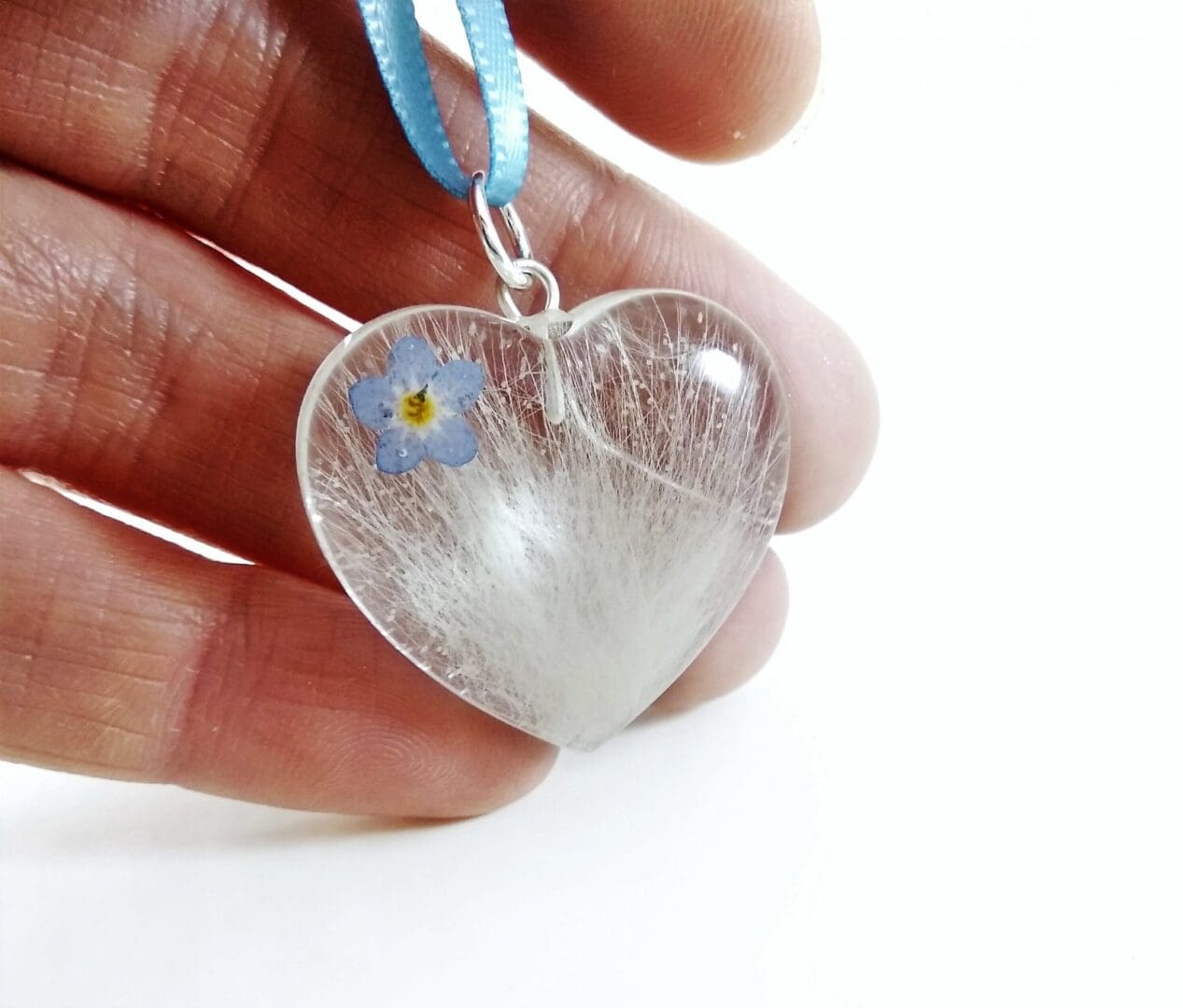 Clear Resin Heart Hair Keepsake with Forget Me Not Flower
