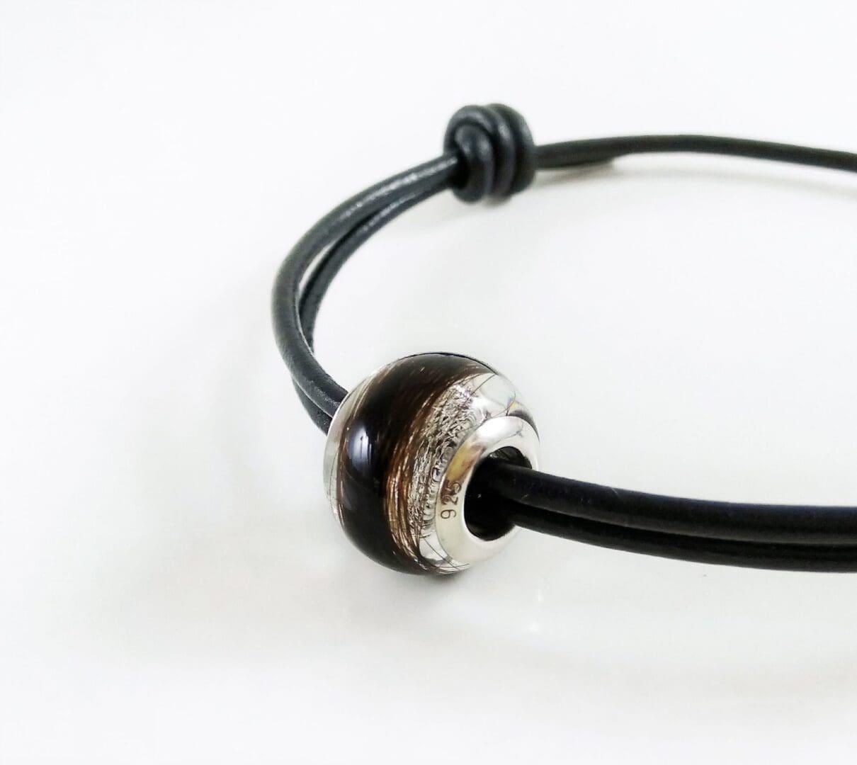 Leather Memorial Bracelet for Men - Hair Keepsake European Bead - Lock of Hair Charm - Image 3