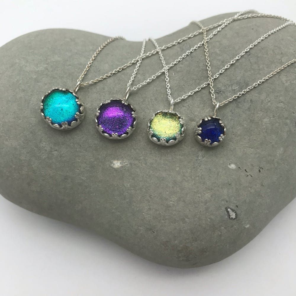 Colourful dichroic glass and sterling silver necklaces