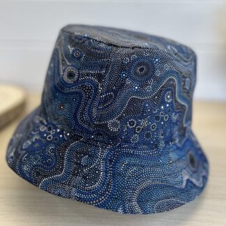 Abstract aboriginal blue waves print cotton bucket hat available in 3 sizes