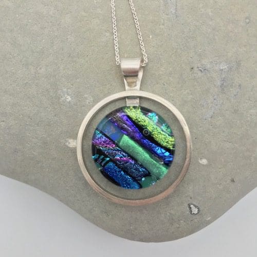 Handmade circular eco-silver and mosaic dichroic glass pendant - Image 6