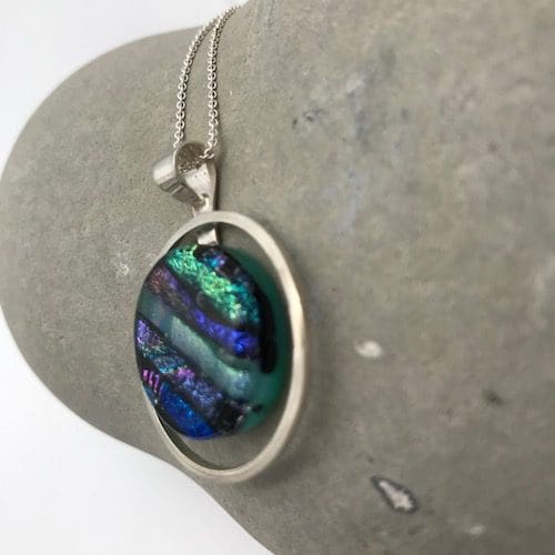 Handmade circular eco-silver and mosaic dichroic glass pendant - Image 7