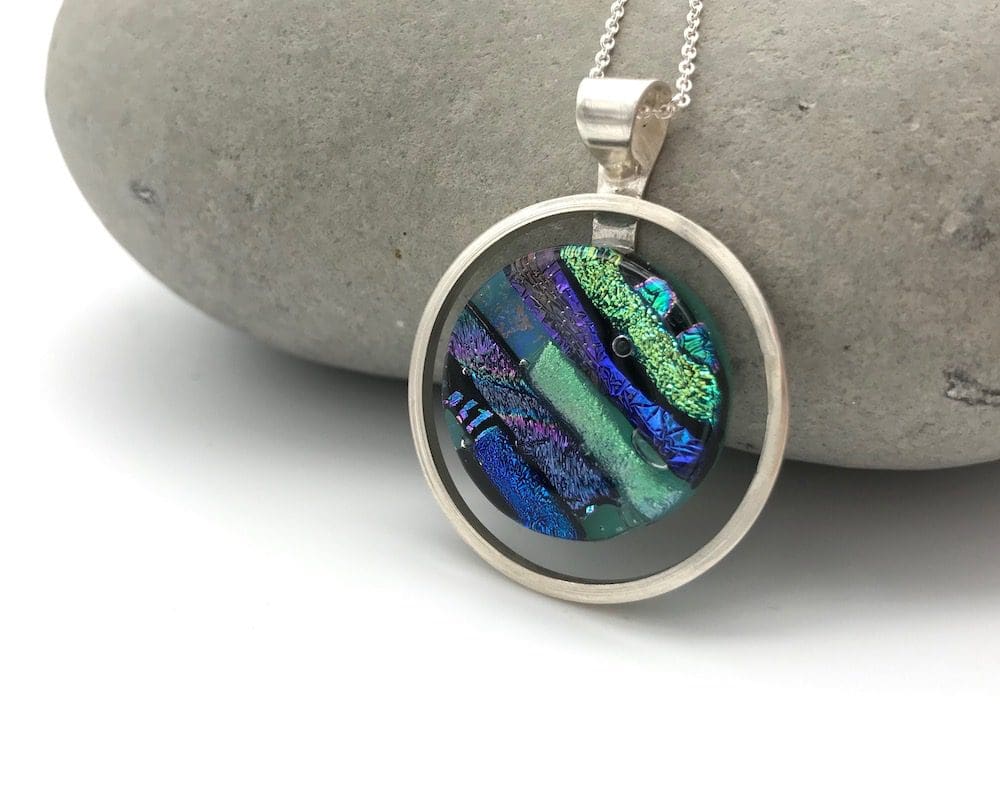 Handmade circular eco-silver and mosaic dichroic glass pendant - Image 4