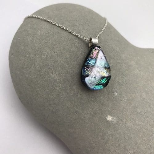 Multi-coloured teardrop shaped mosaic dichroic glass necklace - Image 6