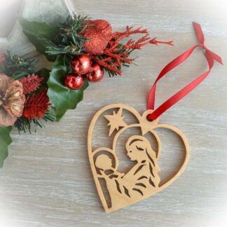 Wooden Nativity Heart Decoration – Mary & Baby Jesus Hanging Ornament