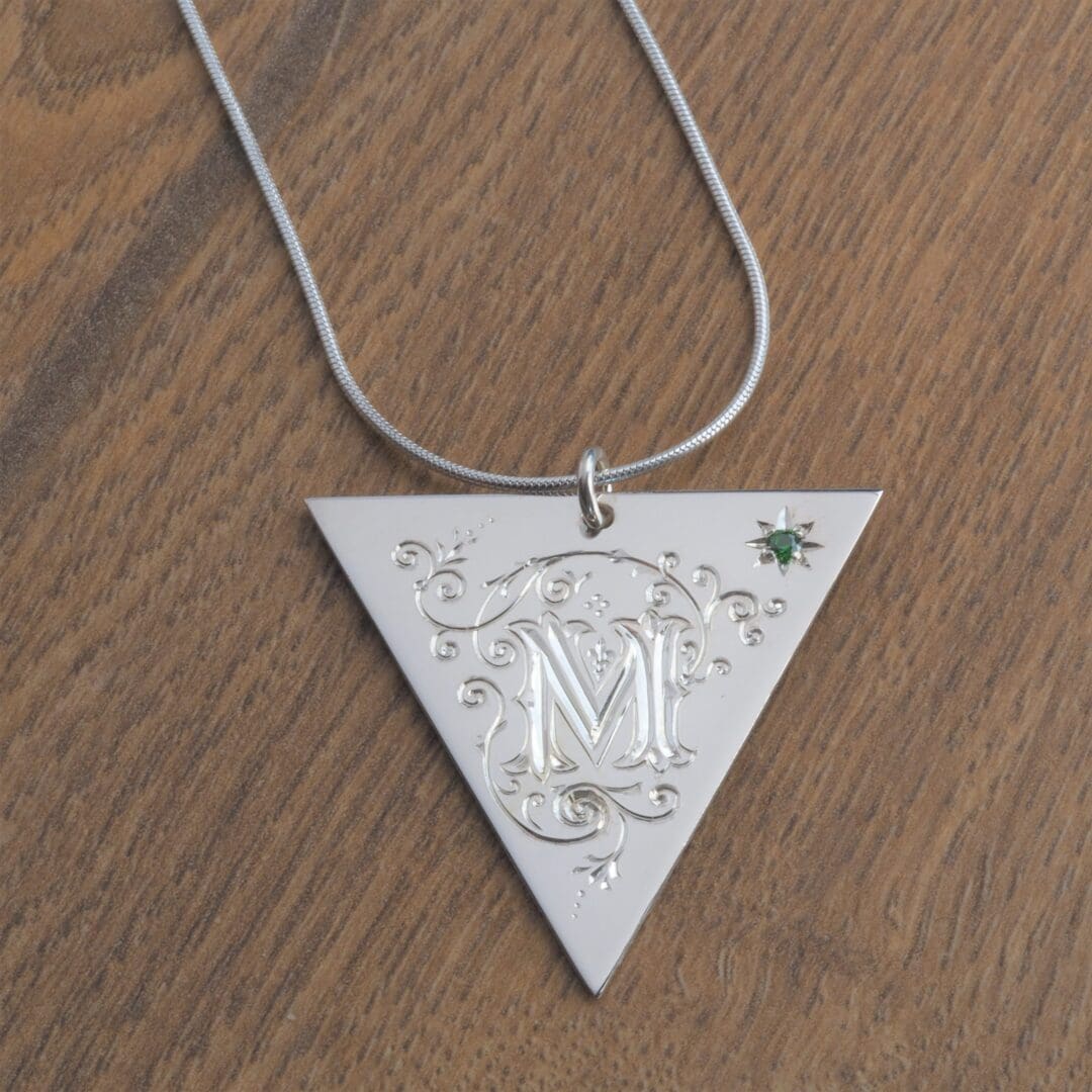 Handmade Sterling Silver Birthstone Necklace Hand Engraved Scroll Initial Personalised - Image 4