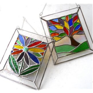 Rainbow tree flower stained glass suncatcher framed panel