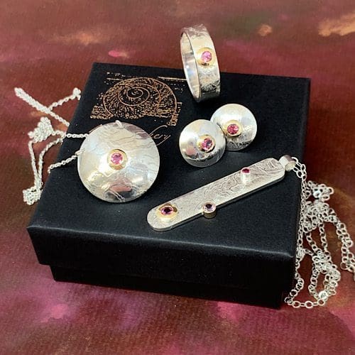 Rose Velvet Collection - Etched Sterling Silver, 9K Gold and Pink Tourmaline - Ombre Pendant, Domed Pendant, Statement Ring and Domed Earrings - Magwitchery