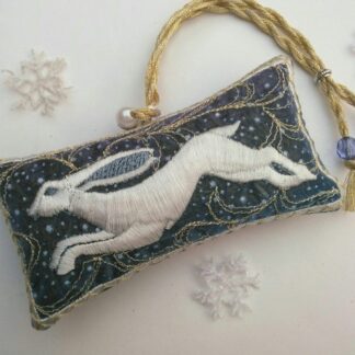 Winter white HARE and snow, embroidered lavender pouch with beaded hanging loop
