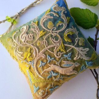 New Spring Green WOODLAND flora and fauna embroidered lavender sachet with running hare